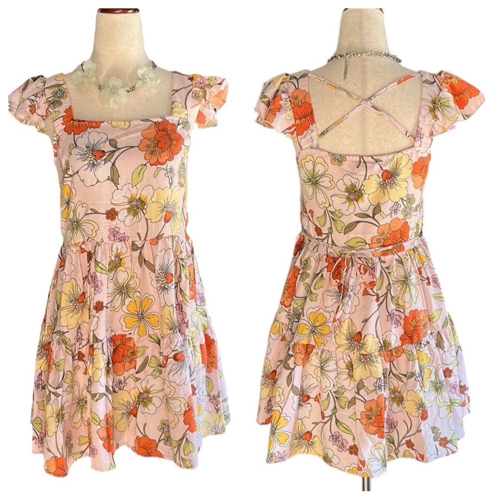 Lottie & Holly B.O.G. COLLECTIVE Floral Dress Blush Pink Rust Ruffle Mini